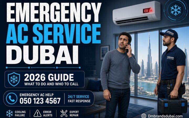 Emergency Air Conditioning Service in Dubai: What to Do and Who to Call - DMBrandsDubai 2026 Prompt: 16:9 professional blog thumbnail for “Emergency Air Conditioning Service in Dubai: What to Do and Who to Call – 2026”. Realistic Dubai apartment interior with a wall-mounted split AC suddenly malfunctioning, visible warning/error indicator, worried homeowner calling for emergency help, professional HVAC technician in a clean uniform arriving with a service toolkit. Dubai skyline and subtle Burj Khalifa visible through the window. Deep navy and cool cyan color palette with white and silver accents, dramatic but clean emergency-service atmosphere, realistic professional photography, strong visual contrast. Add a bold headline text area reading “EMERGENCY AC SERVICE DUBAI”, smaller badge “2026 GUIDE”, emergency phone/call icon and subtle AC repair graphics. Premium HVAC company aesthetic, uncluttered composition, highly readable text, sharp details. Add “Dmbrandsdubai.com” as a small professional watermark at the bottom corner. 2. What Counts as an Emergency Air Conditioning Service Prompt: 16:9 realistic professional HVAC blog thumbnail for “What Counts as an Emergency Air Conditioning Service”. Modern Dubai apartment with a split AC completely stopped, room visibly hot, digital thermostat showing a high temperature, subtle warning symbol beside the AC. Professional HVAC technician inspecting the indoor unit with tools and diagnostic equipment. Include a clean visual checklist concept with small icons representing AC Not Cooling, Water Leak, Strange Noise, Electrical Problem. Deep navy background accents, cool cyan, white and silver highlights, premium Dubai HVAC service aesthetic, realistic photography, strong contrast and clean composition. Large readable headline “IS YOUR AC AN EMERGENCY?” with smaller text “Know When to Call”. Add “Dmbrandsdubai.com” watermark at the bottom. 3. How Emergency AC Service Pricing Works Prompt: 16:9 premium realistic HVAC blog thumbnail for “How Emergency AC Service Pricing Works”. Professional Dubai HVAC technician examining a malfunctioning split AC while holding a digital diagnostic tablet, with a clean floating pricing panel showing “EMERGENCY AC COST”, “CALL-OUT FEE”, “LABOR”, “PARTS” and “AFTER-HOURS” as visual categories without specific invented prices. Modern Dubai apartment interior with subtle Dubai skyline in background. Deep navy, cool cyan, white, silver and subtle gold accents, polished commercial photography, high-end HVAC service aesthetic. Large headline text “EMERGENCY AC PRICING”, smaller text “What You’re Really Paying For”. Add subtle calculator/money icons, AC repair graphics and “Dmbrandsdubai.com” watermark at the bottom corner. 4. Common Causes of Sudden AC Breakdown Prompt: 16:9 realistic professional HVAC blog thumbnail for “Common Causes of Sudden AC Breakdown”. Close-up of a Dubai split air conditioner showing signs of sudden failure, with a professional HVAC technician diagnosing the system using tools. Create a visually clear breakdown concept with four subtle callout icons around the AC: Dirty Filter, Electrical Fault, Refrigerant Leak, Frozen Coil. Modern Dubai villa/apartment setting with subtle skyline in the background. Deep navy and cool cyan palette with white, silver and small orange warning accents, realistic professional photography, crisp details, premium HVAC company aesthetic. Large bold headline “WHY DID YOUR AC BREAK DOWN?”, smaller text “4 Common Causes”, warning symbol and repair-tool details. Add “Dmbrandsdubai.com” as a professional watermark at the bottom.