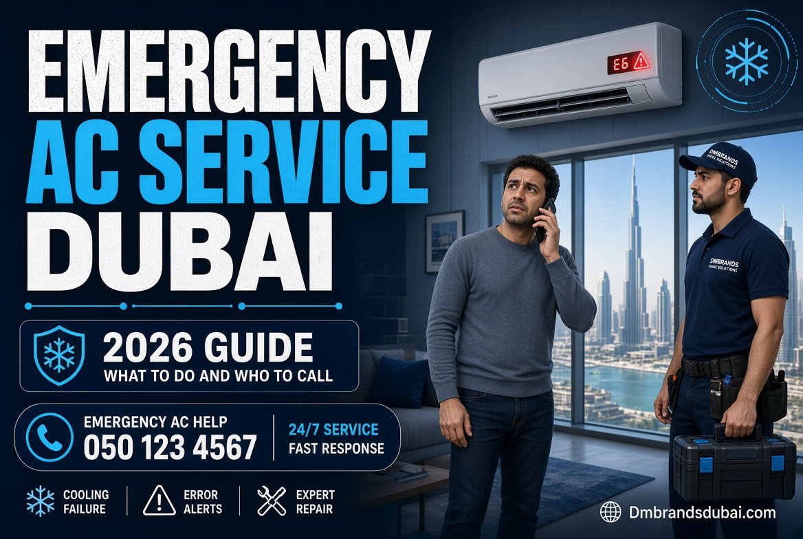 Emergency Air Conditioning Service in Dubai: What to Do and Who to Call - DMBrandsDubai 2026 Prompt: 16:9 professional blog thumbnail for “Emergency Air Conditioning Service in Dubai: What to Do and Who to Call – 2026”. Realistic Dubai apartment interior with a wall-mounted split AC suddenly malfunctioning, visible warning/error indicator, worried homeowner calling for emergency help, professional HVAC technician in a clean uniform arriving with a service toolkit. Dubai skyline and subtle Burj Khalifa visible through the window. Deep navy and cool cyan color palette with white and silver accents, dramatic but clean emergency-service atmosphere, realistic professional photography, strong visual contrast. Add a bold headline text area reading “EMERGENCY AC SERVICE DUBAI”, smaller badge “2026 GUIDE”, emergency phone/call icon and subtle AC repair graphics. Premium HVAC company aesthetic, uncluttered composition, highly readable text, sharp details. Add “Dmbrandsdubai.com” as a small professional watermark at the bottom corner. 2. What Counts as an Emergency Air Conditioning Service Prompt: 16:9 realistic professional HVAC blog thumbnail for “What Counts as an Emergency Air Conditioning Service”. Modern Dubai apartment with a split AC completely stopped, room visibly hot, digital thermostat showing a high temperature, subtle warning symbol beside the AC. Professional HVAC technician inspecting the indoor unit with tools and diagnostic equipment. Include a clean visual checklist concept with small icons representing AC Not Cooling, Water Leak, Strange Noise, Electrical Problem. Deep navy background accents, cool cyan, white and silver highlights, premium Dubai HVAC service aesthetic, realistic photography, strong contrast and clean composition. Large readable headline “IS YOUR AC AN EMERGENCY?” with smaller text “Know When to Call”. Add “Dmbrandsdubai.com” watermark at the bottom. 3. How Emergency AC Service Pricing Works Prompt: 16:9 premium realistic HVAC blog thumbnail for “How Emergency AC Service Pricing Works”. Professional Dubai HVAC technician examining a malfunctioning split AC while holding a digital diagnostic tablet, with a clean floating pricing panel showing “EMERGENCY AC COST”, “CALL-OUT FEE”, “LABOR”, “PARTS” and “AFTER-HOURS” as visual categories without specific invented prices. Modern Dubai apartment interior with subtle Dubai skyline in background. Deep navy, cool cyan, white, silver and subtle gold accents, polished commercial photography, high-end HVAC service aesthetic. Large headline text “EMERGENCY AC PRICING”, smaller text “What You’re Really Paying For”. Add subtle calculator/money icons, AC repair graphics and “Dmbrandsdubai.com” watermark at the bottom corner. 4. Common Causes of Sudden AC Breakdown Prompt: 16:9 realistic professional HVAC blog thumbnail for “Common Causes of Sudden AC Breakdown”. Close-up of a Dubai split air conditioner showing signs of sudden failure, with a professional HVAC technician diagnosing the system using tools. Create a visually clear breakdown concept with four subtle callout icons around the AC: Dirty Filter, Electrical Fault, Refrigerant Leak, Frozen Coil. Modern Dubai villa/apartment setting with subtle skyline in the background. Deep navy and cool cyan palette with white, silver and small orange warning accents, realistic professional photography, crisp details, premium HVAC company aesthetic. Large bold headline “WHY DID YOUR AC BREAK DOWN?”, smaller text “4 Common Causes”, warning symbol and repair-tool details. Add “Dmbrandsdubai.com” as a professional watermark at the bottom.